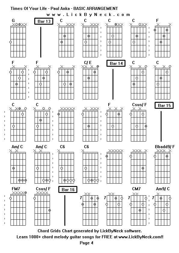 Chord Grids Chart of chord melody fingerstyle guitar song-Times Of Your Life - Paul Anka - BASIC ARRANGEMENT,generated by LickByNeck software.